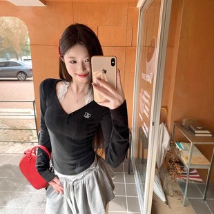 Pure Desire Black Lace Neck T-Shirt Base Shirt Women's Early Autumn Design Sense chic Sweet Spice Girl Inner Short Top