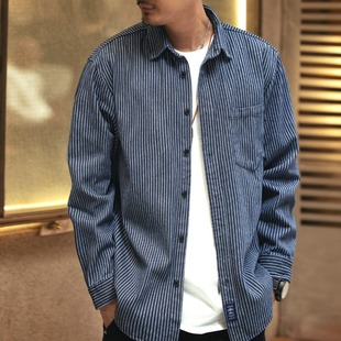 High-end Striped Shirt Men's Spring and Autumn Casual Loose Vintage Lapel Denim Workwear Shirt Men's Jacket Fashion New