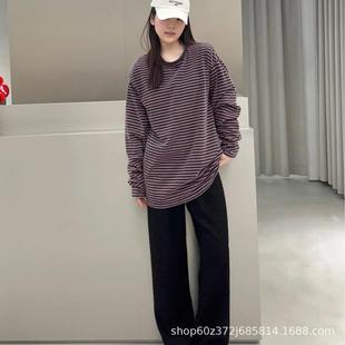 2025 Early Spring New Niche Design Letter Logo Embroidered Striped Loose Crewneck Old Wash Long Sleeve T-Shirt