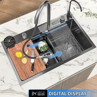 Cross-border digital display rain waterfall sink nano 304 honeycomb embossed stainless steel large single sink kitchen sink