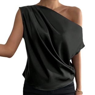 2025 Europe and America Amazon Cross-border Women's Summer New Fashion All-match Oblique Collar Pinch Pleated Shoulder Asymmetric Vest