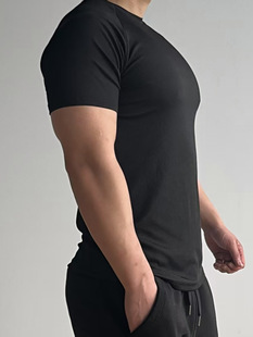 Retro Stretch Thread Raslan Short-sleeved Men's Small Round Neck Solid Color All-match Slim-fit Fitness T-shirt Quick-drying Sports Leisure