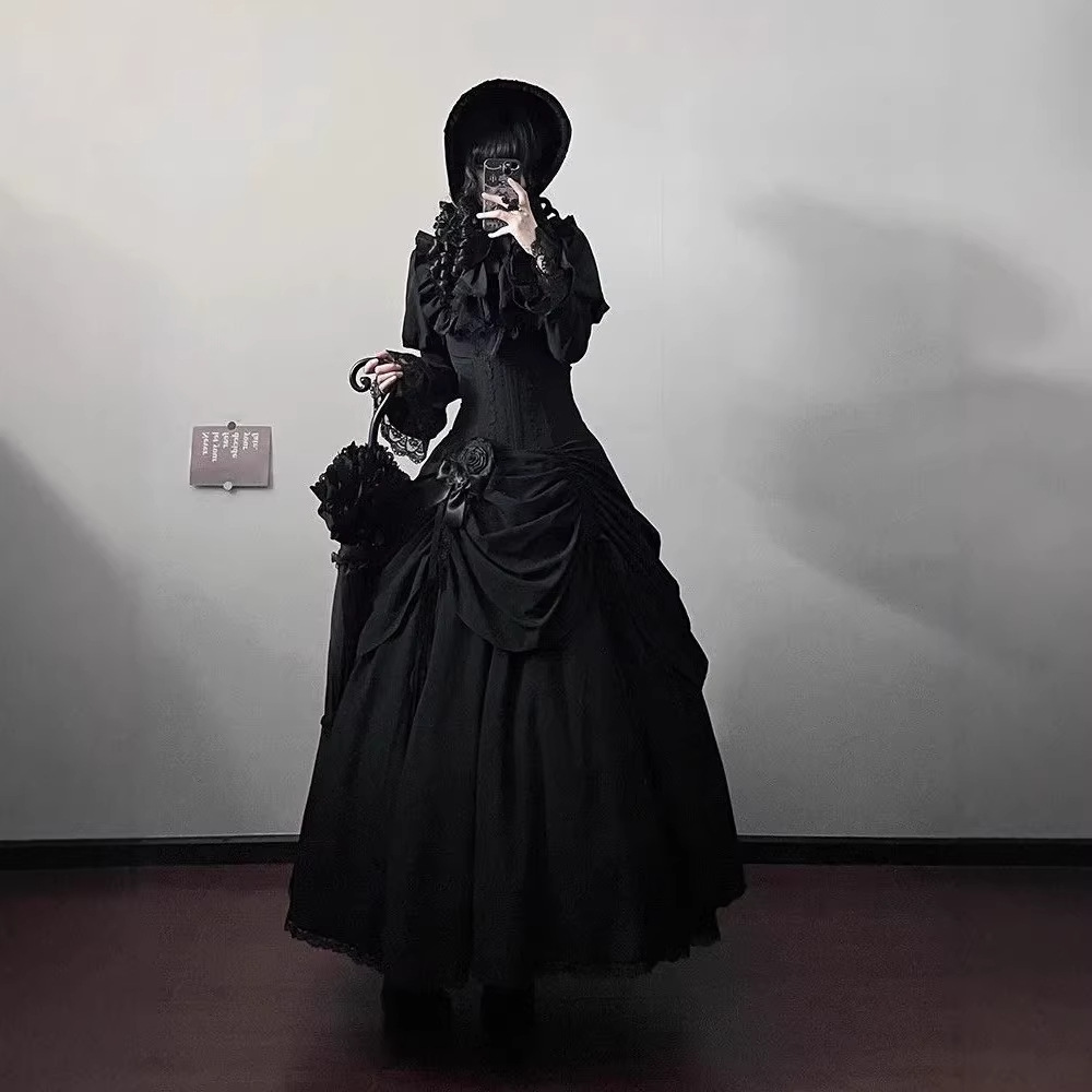 Dark Gothic Lolita Fishbone Lace Waist-Cinching Skirt and Shirt Set for Women, Gothic Witch Costume