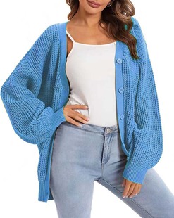 Cross-border Sweater Coat Lantern Sleeve Knitted Cardigan Sweater Coat Women's V-Neck Single-breasted Lazy Style Cardigan