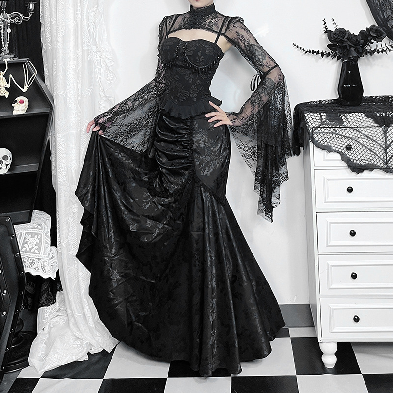 Cf24141 Subculture Dark Jacquard Pattern Side Ruched Lace Trim Asymmetrical Slim Fit Fishtail Skirt