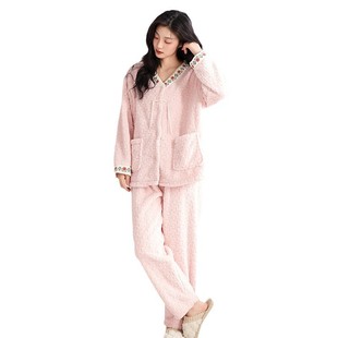 [double-sided puff fleece jacquard] winter new pajamas women's coral fleece padded cotton warm home clothing suit