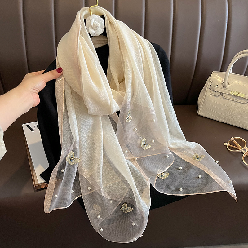 2023 Autumn and Winter New Silk Scarf Women's Butterfly Embroidered Beads Fashion Scarf Warm Warm Cold Shawl Thin