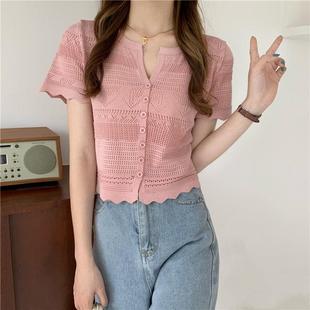 Hollow-out Single-breasted Knitted Cardigan Women's Summer Chanel Style Slim-fit Slimming Short Ice Silk Short-sleeved T-shirt Top for Women