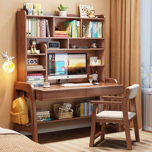 [Shop selling] Solid Wood Desk with Bookshelf Integrated Table Simple Household Liftable Children's Study Table Bedroom