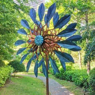 Export Cross-border Iron Art Garden Decoration Wind Turn 360-degree Double-sided Rotary Insert Ornaments Antique Blue Leaf Windmill