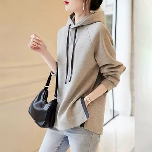 Hooded Sweater Women's Loose 2023 Spring and Autumn New Grey Belly-Covering Split Top Hoodie
