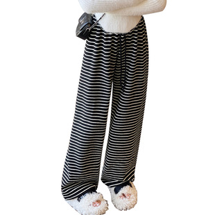 Strict Selection of Autumn and Winter Black and White Striped Drawstring Dagging Casual Pants Women's Straight Pants Loose High Waist Slim Wide Leg Pants