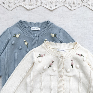 Ctuemily autumn and winter cross-border ins baby girl embroidered cardigan sweater baby girl hand hook hair ball embroidered coat