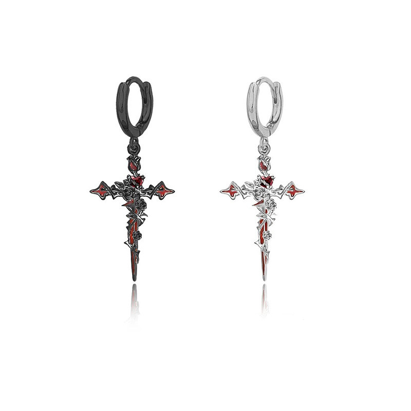 Cross-Border Hot Selling Halloween Cross Thorn Rose Pendant Earrings Trendy Personalized Dark Earrings Jewelry Wholesale