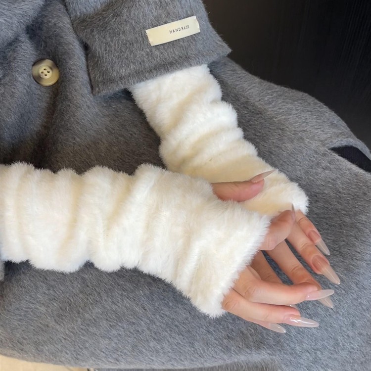 Soft Plush Half-Finger Gloves for Women, Fleece-Lined Warm Autumn and Winter Sleeves, Cute Imitation Rabbit Fur Hand Sleeves, Long-Sleeved Fingerless Gloves
