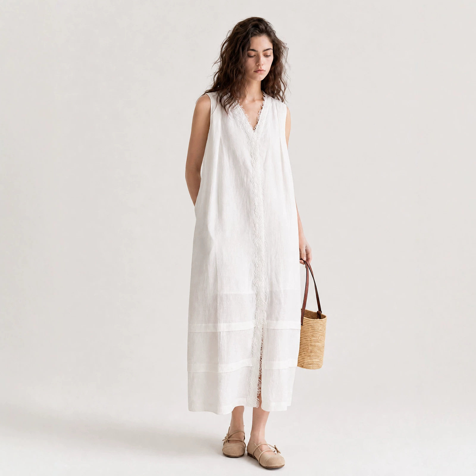 100% Linen Sleeveless Dress for Women with Heavy Lace, V-Neck, Loose Fit, Long Holiday Style, Mid-Length A-Line Dress