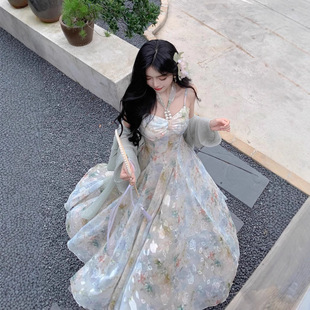 Summer High-grade Oil Painting Printing Embroidered Elegant Neck Hanging dress Fairy Seaside Holiday Sling Long Skirt
