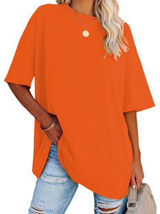 2024 Europe and America Amazon Foreign Trade Cross-border Women's T-shirt Summer New Loose Shoulder Sleeve Round Neck Short Sleeve Top