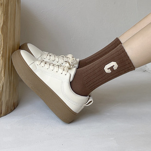 brown Sports Socks Women's Autumn and Winter Cotton Korean Style Embroidered Letter C Spring and Autumn Mid-length Stockings Stockings Instagram Style Trendy High-top