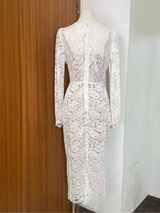 Niche European and American Thousand Gold White Moonlight Heavy Industry Fish Bone Diamond Lace Fish Tail Long Sleeve apricot dress