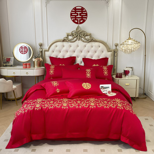 New Chinese Wedding Long-staple Cotton Four-piece Wedding Bedding Red Wedding Quilt Cover Bed Sheet Wedding Room Six-piece Set