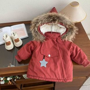 Girls' winter 2024 new children's fleece-lined thickened pike cotton-padded jacket coat baby warm cotton-padded jacket winter clothing