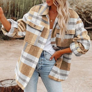 2022 Amazon autumn and winter women's cross-border Europe and the United States Amazon plaid button flannel tweed shirt coat