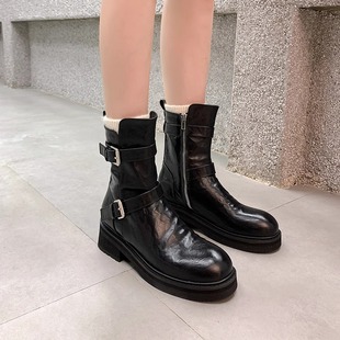 Grape Mom Washed Cowhide Thick Bottom Short Boots 2024 Autumn and Winter New Arrival Belt Buckle Thin Boots Women's Motorcycle Martin Boots