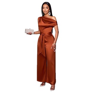 2025 Summer European and American Cross-Border Amazon Ebay European and American Solid Color Fashion Slim Fit Slant Collar Button Women's Jumpsuit