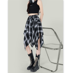 Irregular Strap Skirt Women's 2024 Summer Design Sense Niche Plaid A- Line Skirt