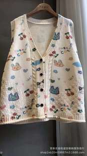 Autumn 2024 New Mori Girl Childish Printed Loose V-neck Knitted Shirt Vest Women's Outer Wear Wholesale