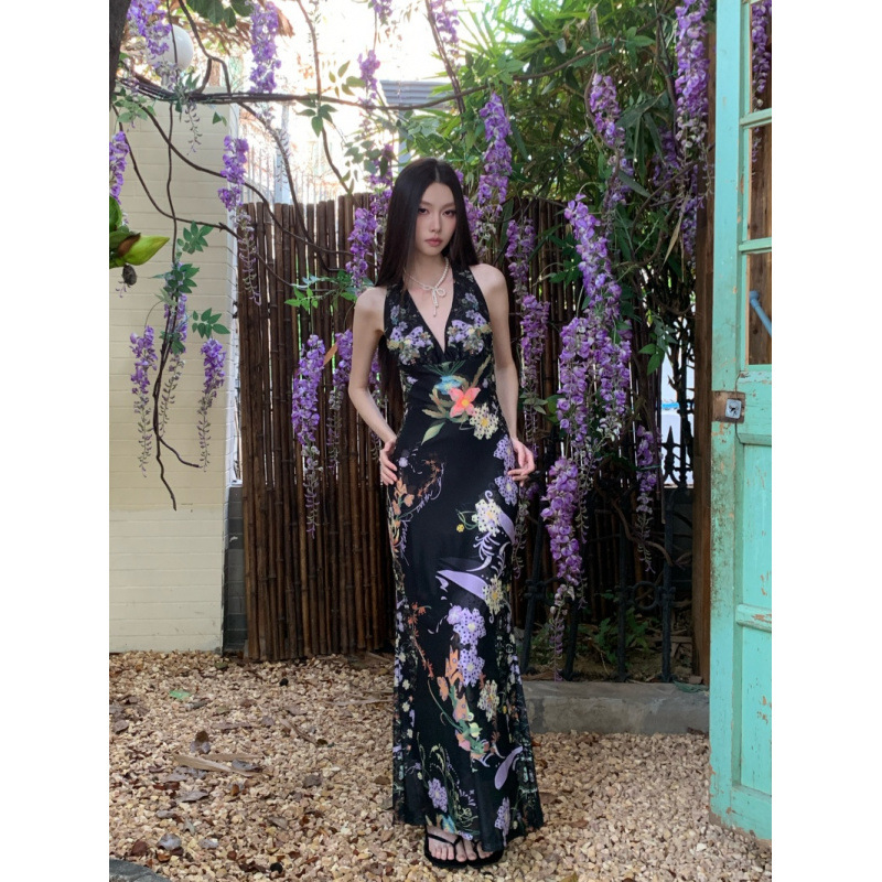 Real Shot of In-Stock French-Style Halter Neck Dress for Women, Spring/Summer Bodycon Mermaid Long Dress