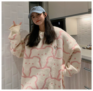 Cubs Couple Sweater Women's Spring and Autumn 2021 New Knitted Lazy Style Loose Outer Wear Pullover Jacket Clothes