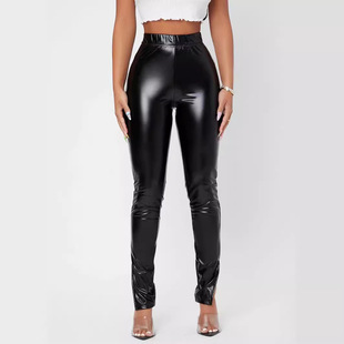 New PU Slim Fit Pants Leg Split Leather Pants Design Women's High Waist Elasticated Casual European and American Women's Leggings Trousers