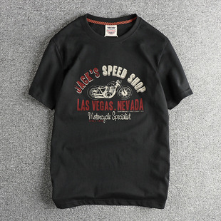 Hong Kong Motorcycle Letter Pattern American Retro Trendy Short-sleeved T-shirt Men's Cotton Washed Comfortable Round Neck Half Sleeve