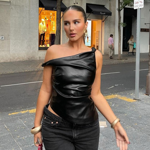 European and American Style Elegant Fashion PU Leather Stitching Slant Shoulder Distinctive Irregular Sleeveless Slim-Fit Side Zipper Top