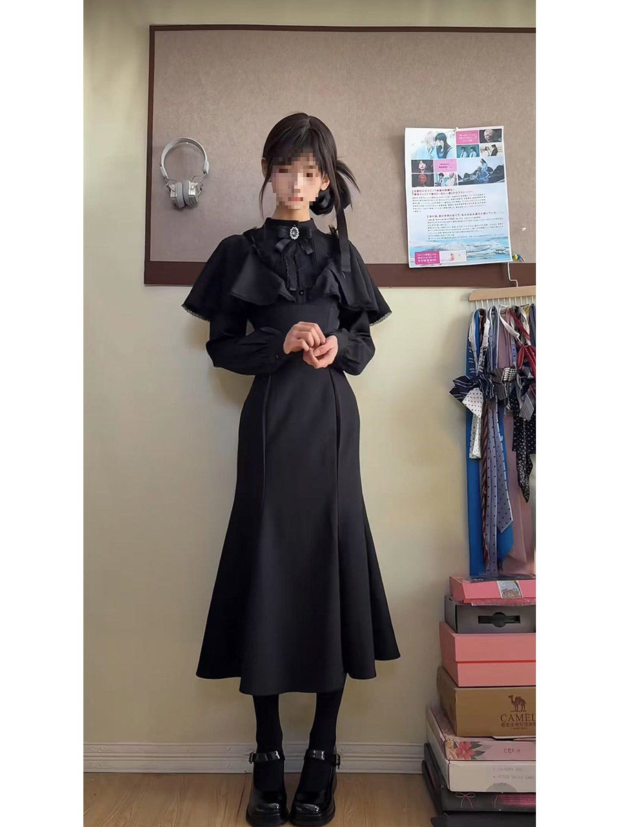 L Sweet Fishtail French Waist Ol Slim Long-Sleeved Dress Light Long Skirt Japanese Style Retro New Product It Elegant Female a