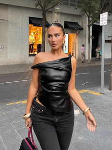 European and American Style Elegant Fashion PU Leather Stitching Slant Shoulder Distinctive Irregular Sleeveless Slim-Fit Side Zipper Top
