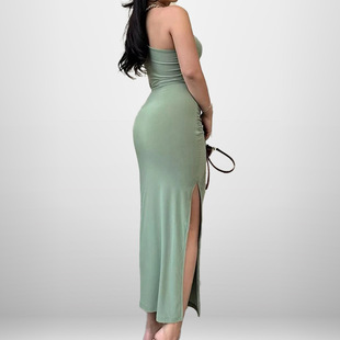 Amazon 2025 spring European and American foreign trade new oblique shoulder solid color split sexy fashion temperament slim dress