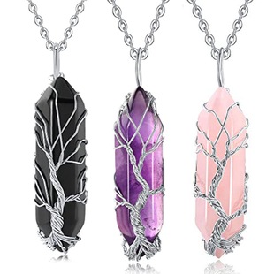 Natural Hexagonal Column Handmade Winding Line Life Tree Crystal Hexagonal Prism Necklace Fortune Tree sweater chain