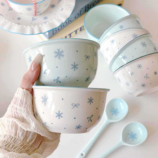 Bowknot Bowl and Spoon Set for Girls Home Exquisite High-value Underglaze Color Rice Tableware Dessert Bowl for Personal Use
