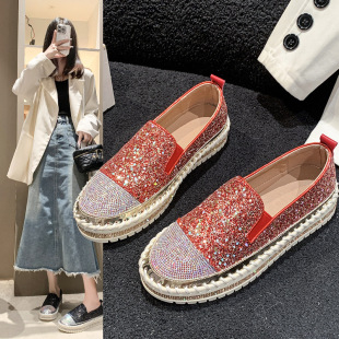 Cross-border Foreign Trade 2024 Spring plus size Casual Shoes Women's New Loafers Thick Bottom Flat Rhinestone Fashion Women's Shoes