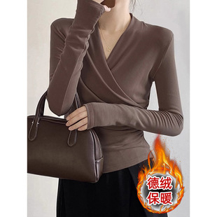 2024 Autumn and Winter Inner T-shirt Tight Waist Slimming Cross German Velvet Warm Top V-Neck Long Sleeve Base Shirt Women's Clothing