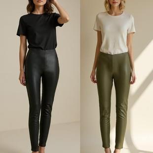 2024 autumn and winter new leather pants women's outer wear high waist zipper leggings European and American style thin velvet padded boots pants pu trousers