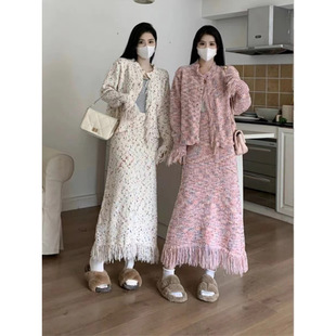 High-grade Sense Salt suit Women's Autumn 2024 New Tassel Sweater Coat High Waist Skirt Western Style Two-piece Set
