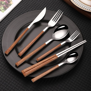 Wholesale retro style 430 clip handle Korean style tableware imitation wood grain knife fork chopsticks marble pattern Western tableware