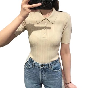 Legal M Family Knitted Sweater 2021 Spring and Summer New Sweet Age-reducing Polo Collar Rib Pearl Buckle Sweater for Women