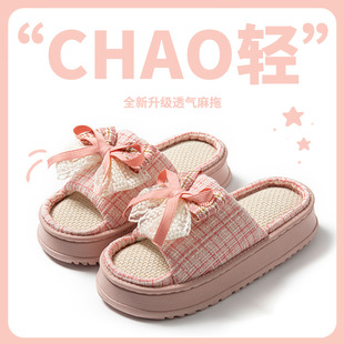 Cross-border Linen Slippers Women's Spring and Summer Lace Bow Indoor Non-slip Opening Slippers Exterior Four Seasons Cotton and Linen Slippers