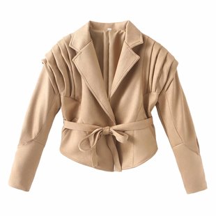 Foreign trade wholesale autumn and winter new European and American style solid color short thin belt suede long sleeve coat black khaki