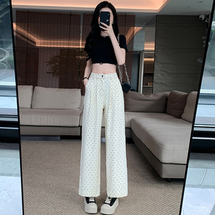 Real Shot 2025 Small Black Polo Dot Jeans Women's Summer New High Waist Loose Casual Wide Leg Pants